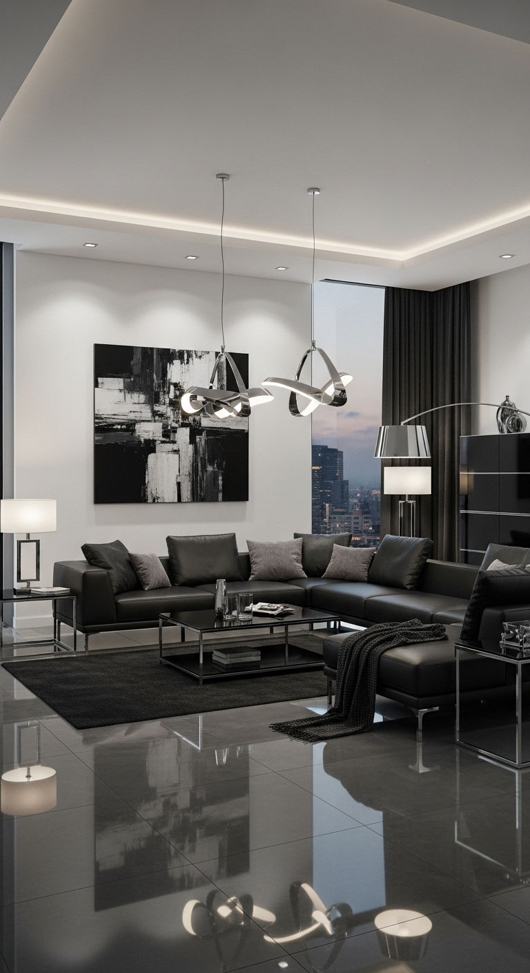 26 Living Room U Shape Sofa Ideas for Big Families & Open Layouts 20 20. Black Leather Statement