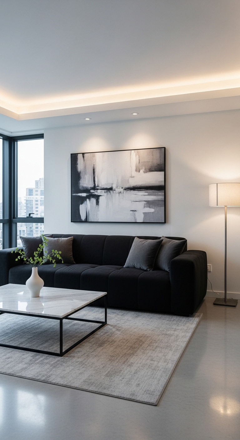 6. Black Sofa + Marble Luxury