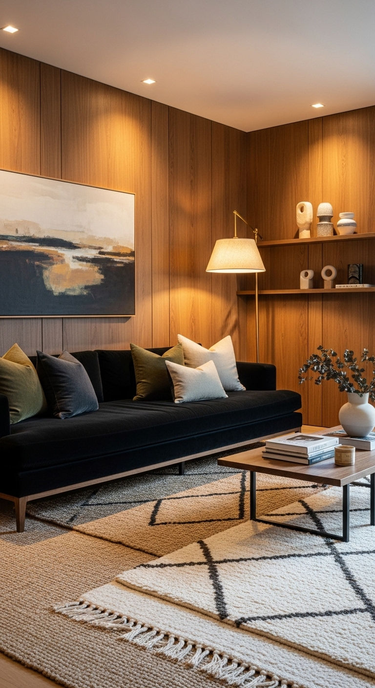 12. Black Sofa with Warm Wood Tones