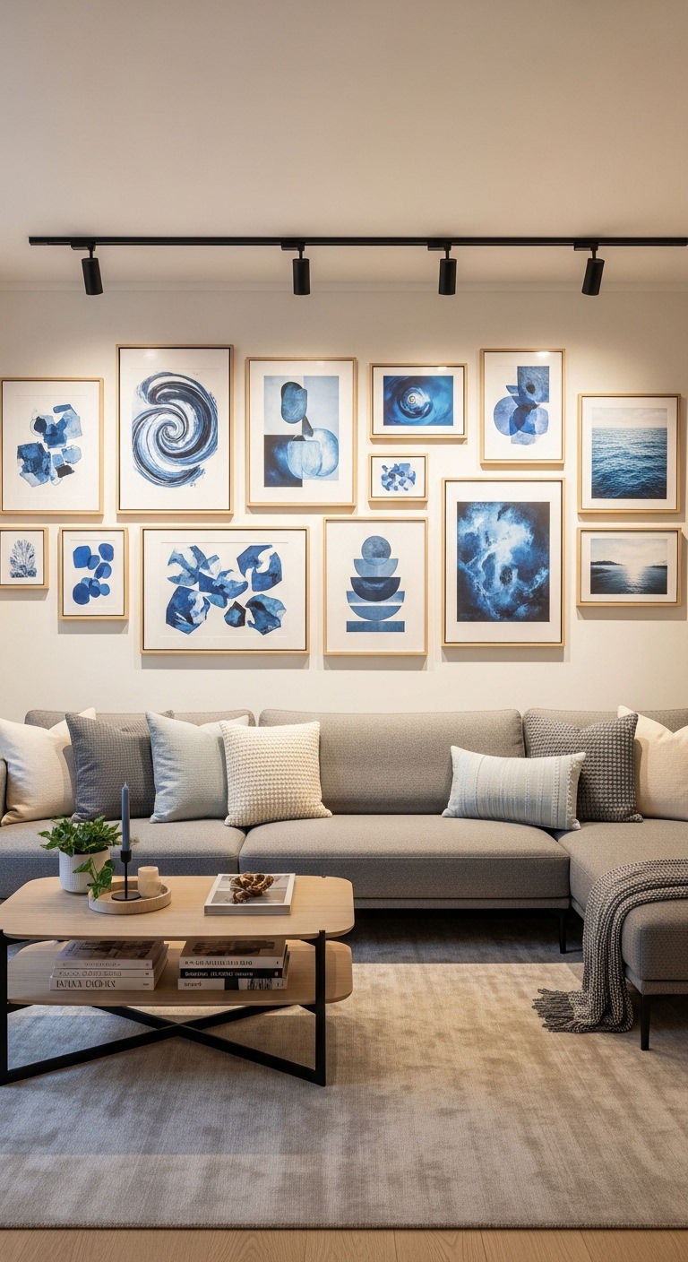 25 Blue Living Room Grey Sofa Ideas for a Cool, Balanced Space 8 8. Blue Accent Gallery Wall