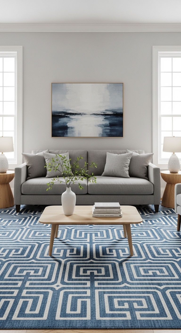 25 Blue Living Room Grey Sofa Ideas for a Cool, Balanced Space 19 21. Blue Accent Rug Focus