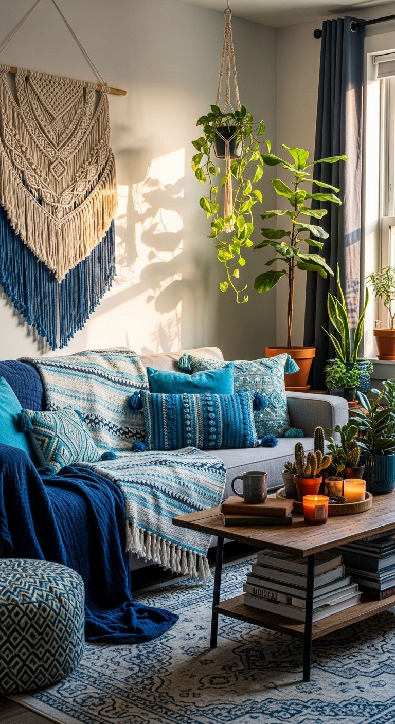 25 Blue Living Room Grey Sofa Ideas for a Cool, Balanced Space 13 14. Blue Boho Fusion