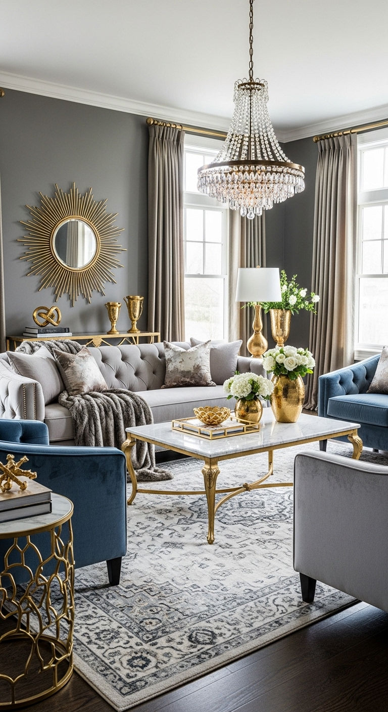 25 Blue Living Room Grey Sofa Ideas for a Cool, Balanced Space 10 11. Blue Velvet Drama