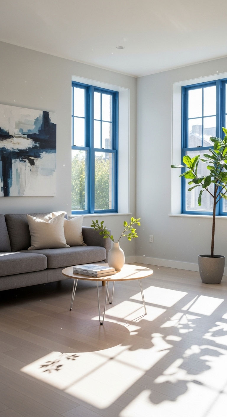 25 Blue Living Room Grey Sofa Ideas for a Cool, Balanced Space 23 25. Blue Window Framed Light