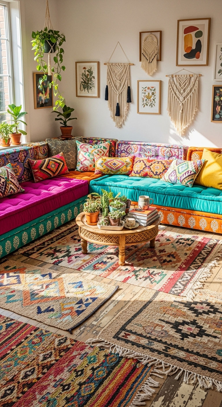 26 Living Room U Shape Sofa Ideas for Big Families & Open Layouts 13 13. Boho Family Nest