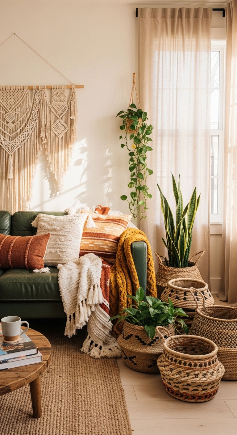 24 Green Leather Sofa Living Room Ideas for a Unique Pop of Color 6 5. Boho Green Fusion