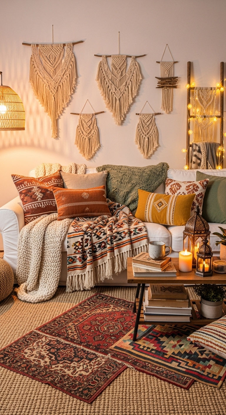 23 White Slipcovered Sofa Living Room Ideas for a Fresh Look 7 6. Boho Layered Comfort