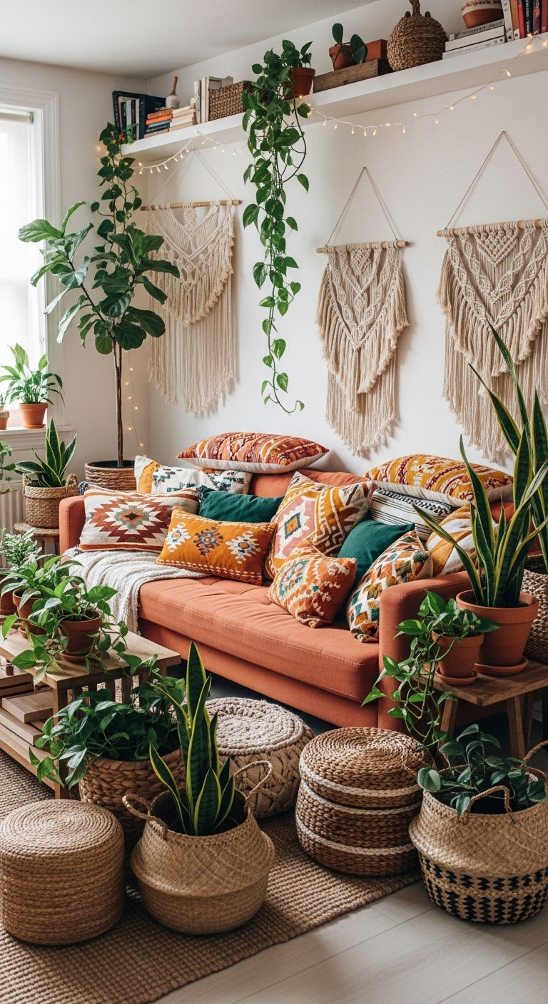22 Terracotta Sofa Living Room Ideas for Warm Earthy Vibes 6 5. Boho Warm Haven