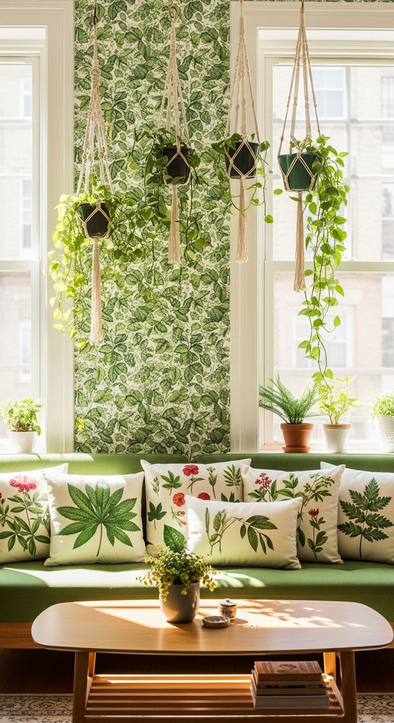 23 Green Living Room Sofa Ideas for a Fresh, Nature-Inspired Look 9 8. Botanical Bliss Lounge