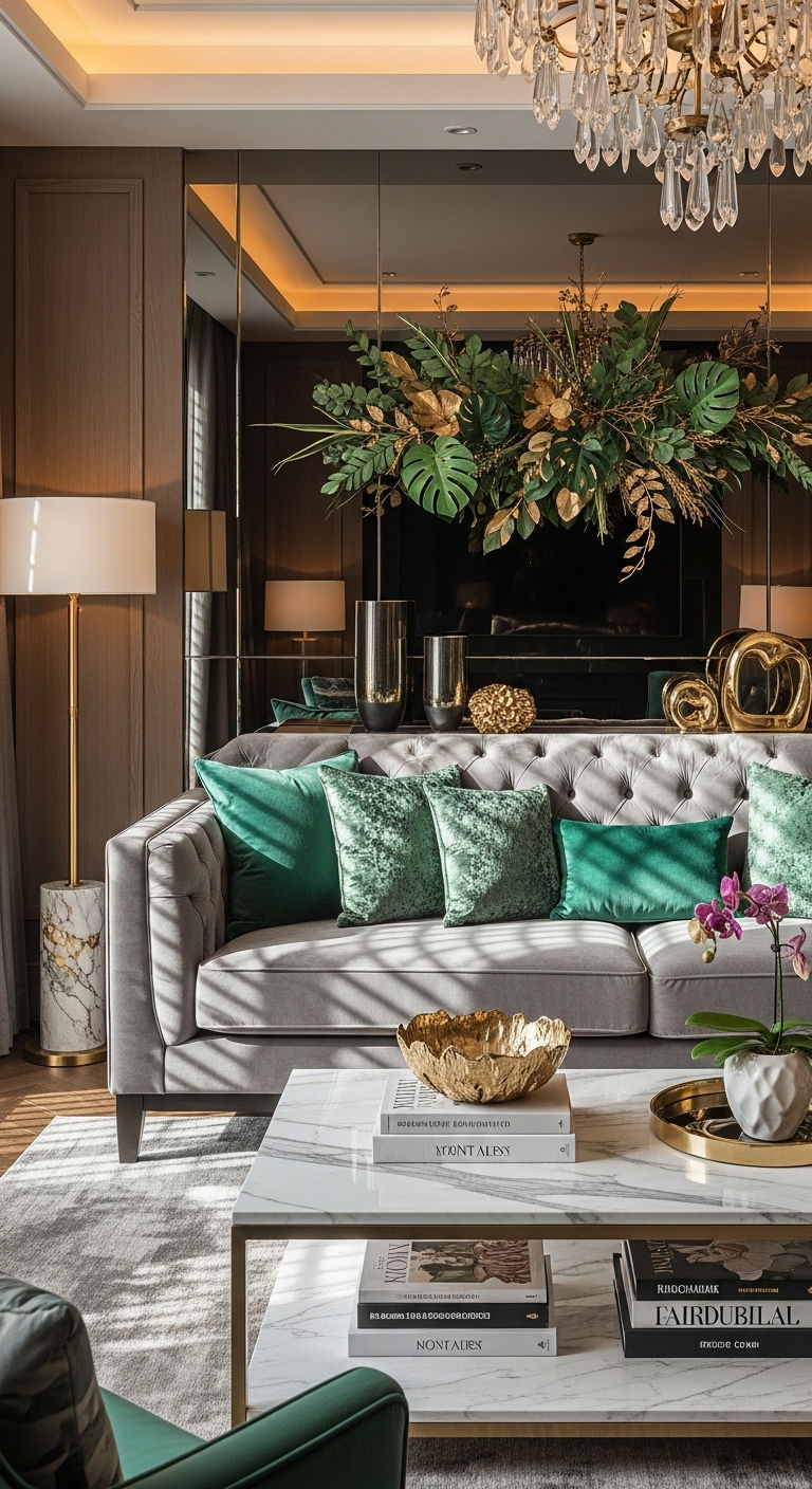 21 Green Living Room Grey Sofa Ideas for a Modern Natural Look 4 3. Botanical Luxe Lounge