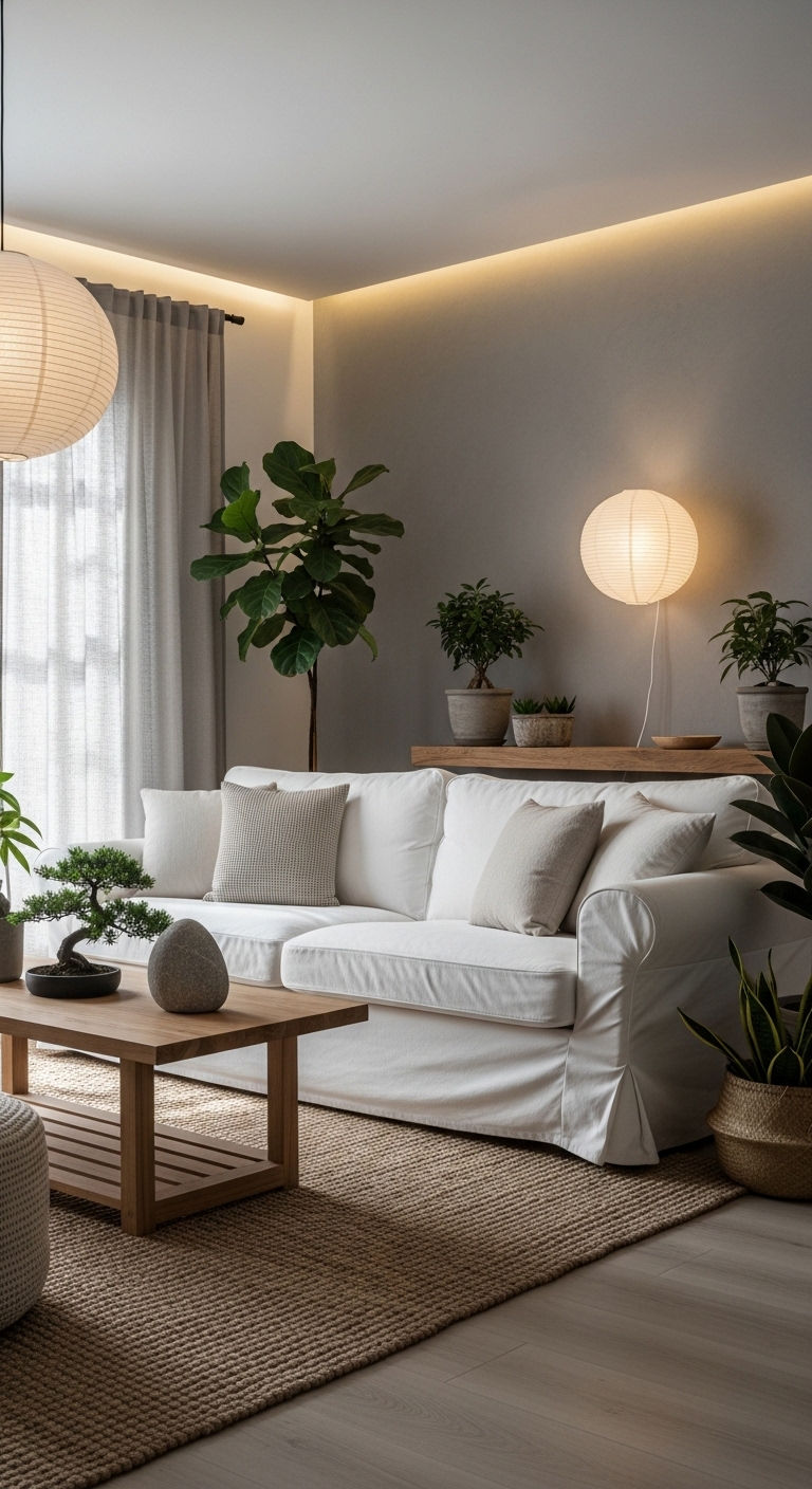 23 White Slipcovered Sofa Living Room Ideas for a Fresh Look 21 20. Calm Zen Inspired Space