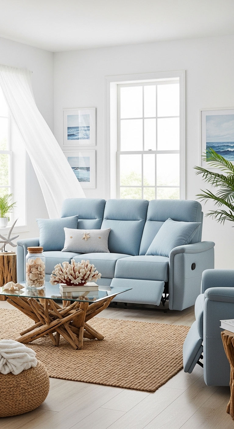 19 Cozy Recliner Sofa Living Room Ideas for Everyday Relaxation 17 16. Coastal Calm Lounge