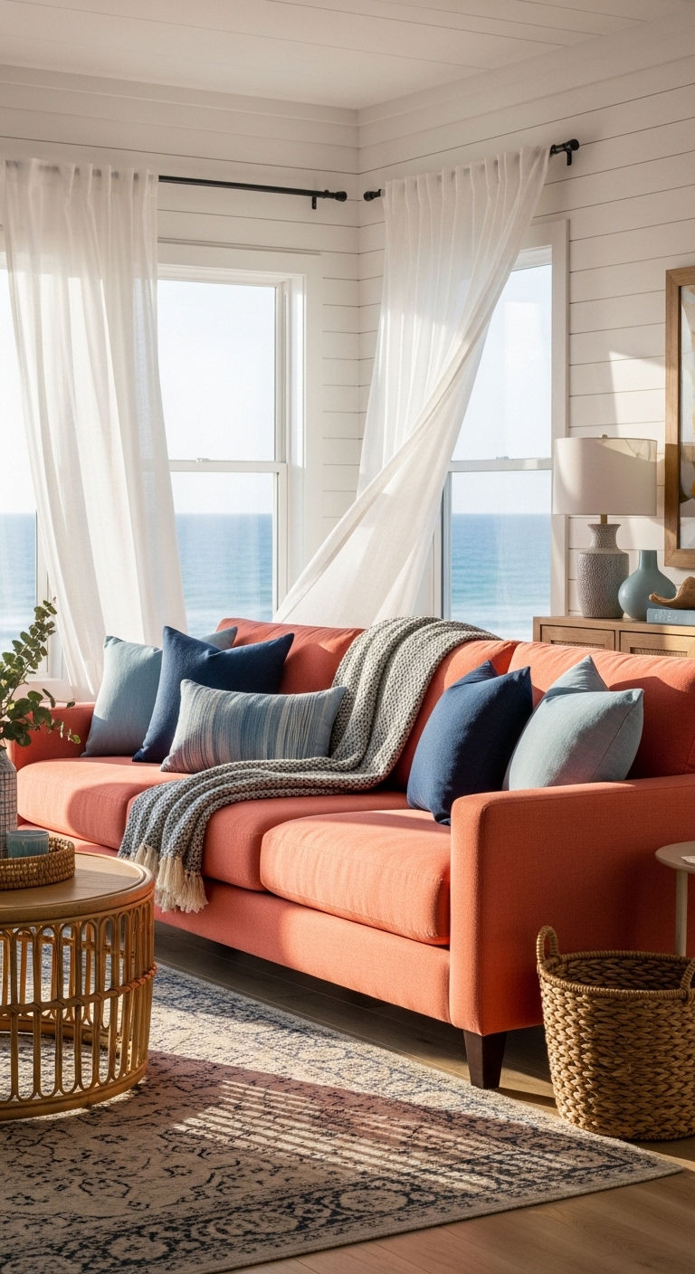 23 Coral Sofa Living Room Ideas That Feel Fresh & Vibrant 3 2. Coastal Coral Breeze