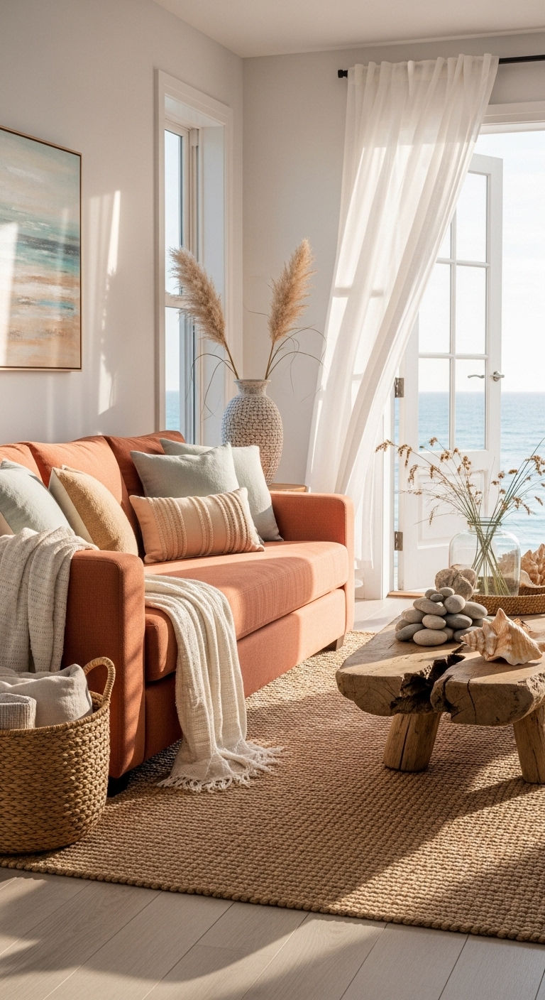 22 Terracotta Sofa Living Room Ideas for Warm Earthy Vibes 15 14. Coastal Warm Escape
