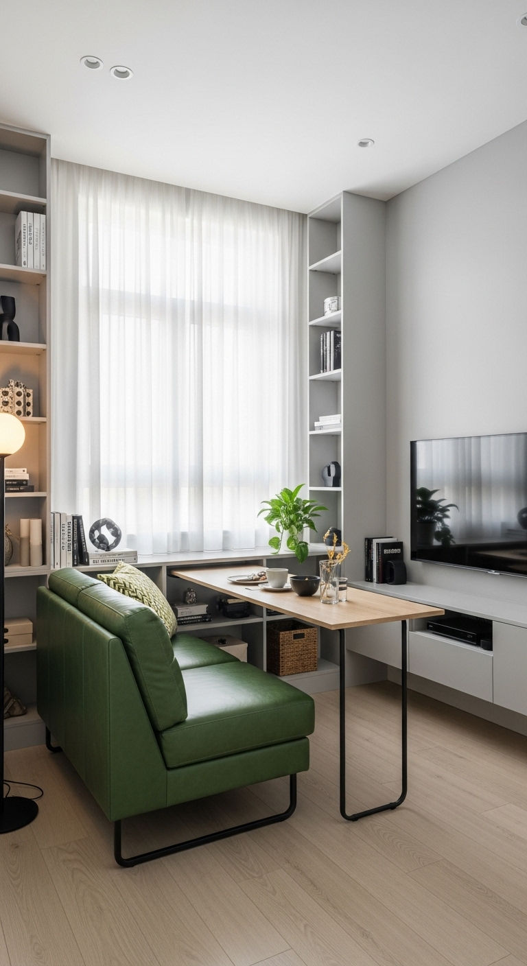 24 Green Leather Sofa Living Room Ideas for a Unique Pop of Color 16 15. Compact Green Apartment Style