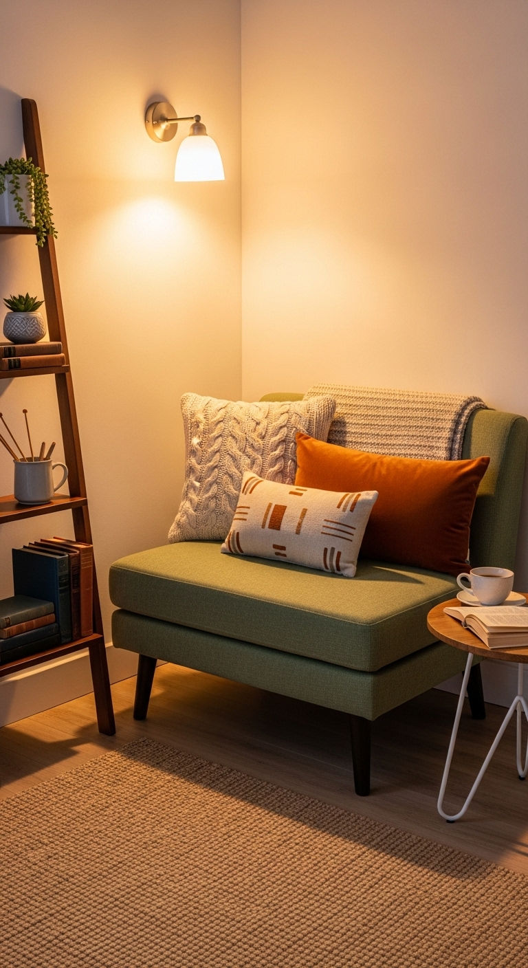 23 Green Living Room Sofa Ideas for a Fresh, Nature-Inspired Look 17 16. Compact Green Cozy Nook