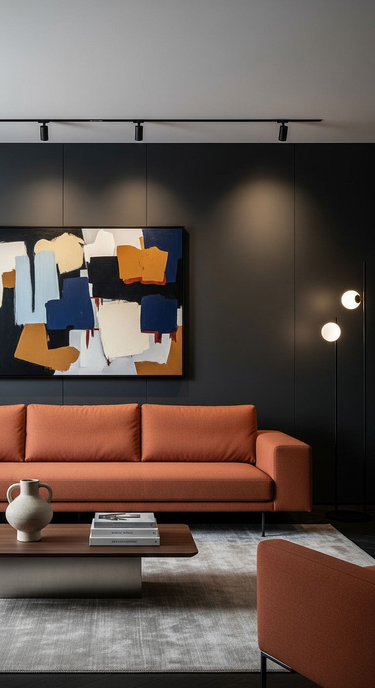 22 Terracotta Sofa Living Room Ideas for Warm Earthy Vibes 12 11. Contemporary Warm Contrast