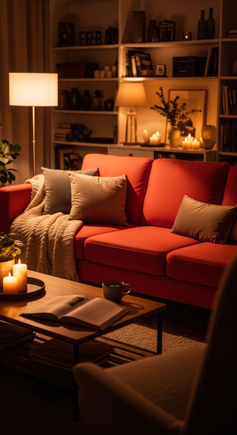 23 Coral Sofa Living Room Ideas That Feel Fresh & Vibrant 22 23. Coral Evening Glow Setup
