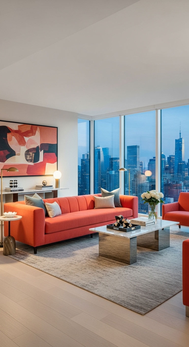 23 Coral Sofa Living Room Ideas That Feel Fresh & Vibrant 21 22. Coral Luxe Apartment Style