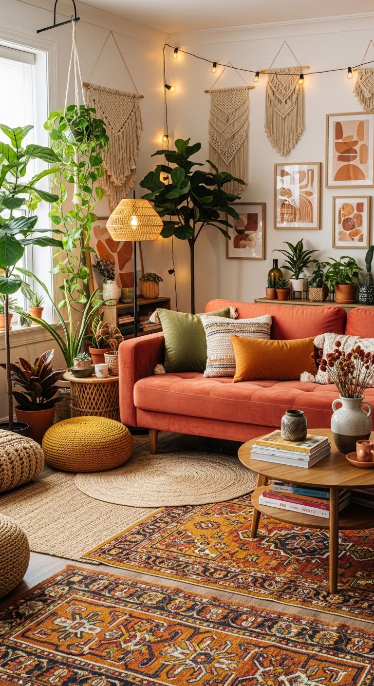 23 Coral Sofa Living Room Ideas That Feel Fresh & Vibrant 4 3. Coral Meets Boho Charm