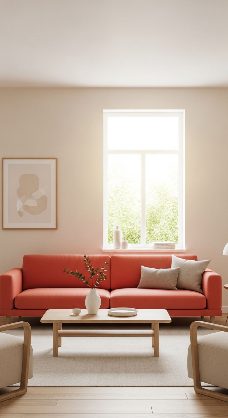23 Coral Sofa Living Room Ideas That Feel Fresh & Vibrant 8 8. Coral Pop in Neutral Space