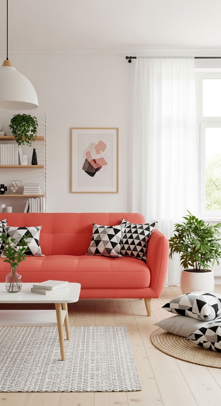 23 Coral Sofa Living Room Ideas That Feel Fresh & Vibrant 13 13. Coral Scandinavian Blend