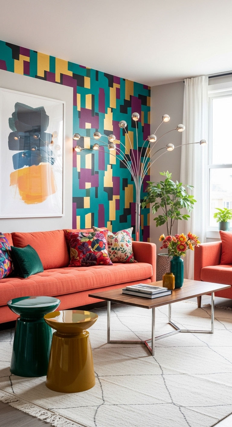 23 Coral Sofa Living Room Ideas That Feel Fresh & Vibrant 19 20. Coral Statement Wall Combo