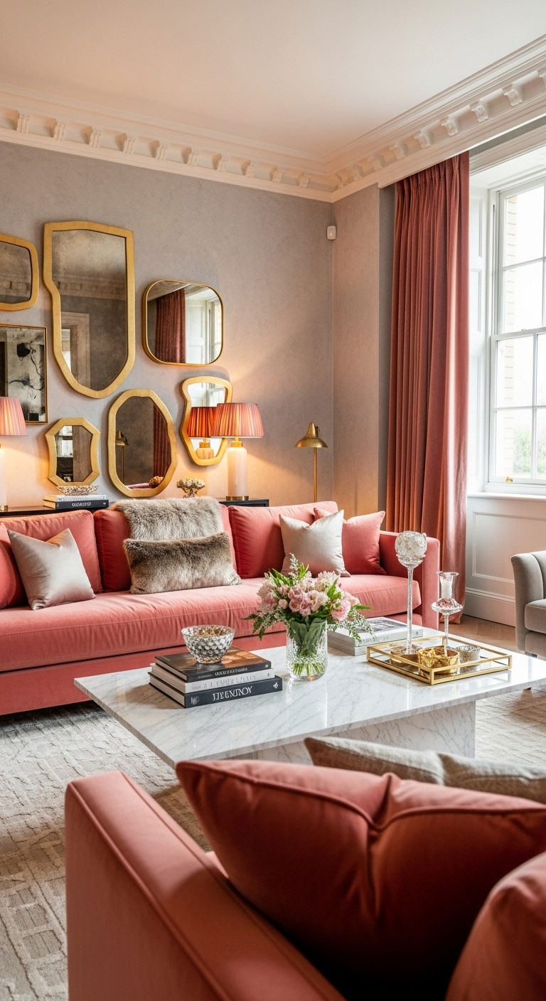 23 Coral Sofa Living Room Ideas That Feel Fresh & Vibrant 6 6. Coral and Gold Elegance