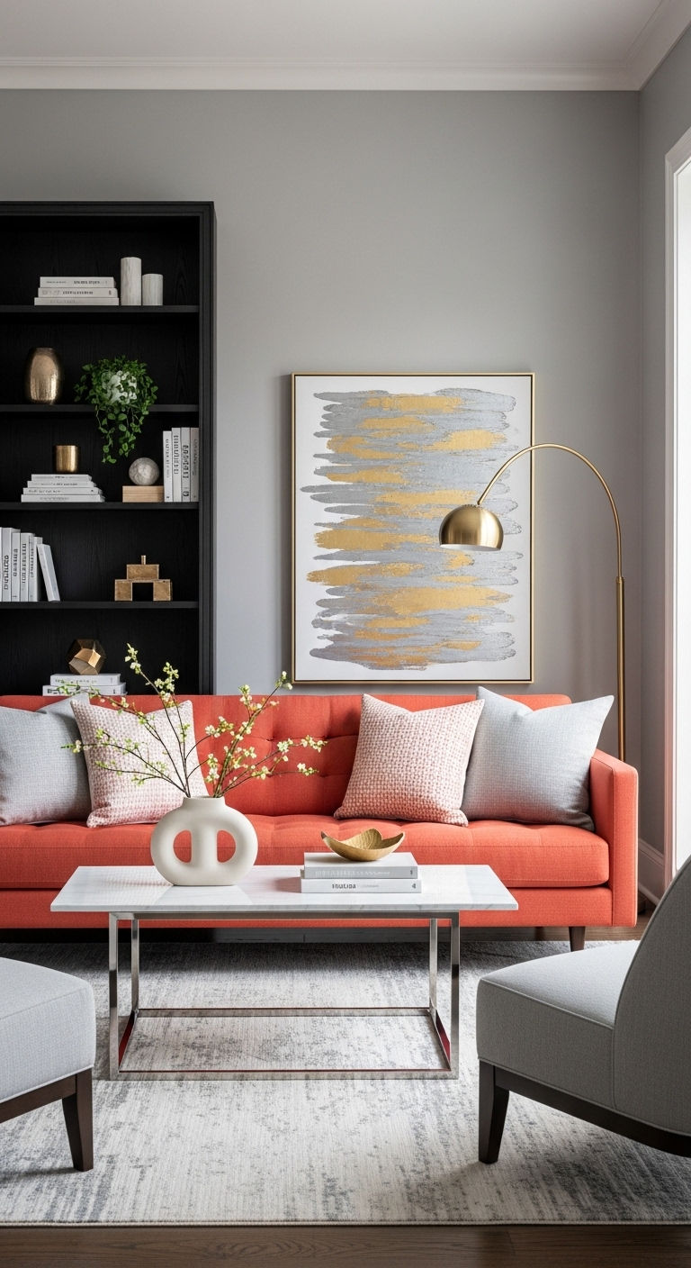 23 Coral Sofa Living Room Ideas That Feel Fresh & Vibrant 14 15. Coral and Grey Sophistication