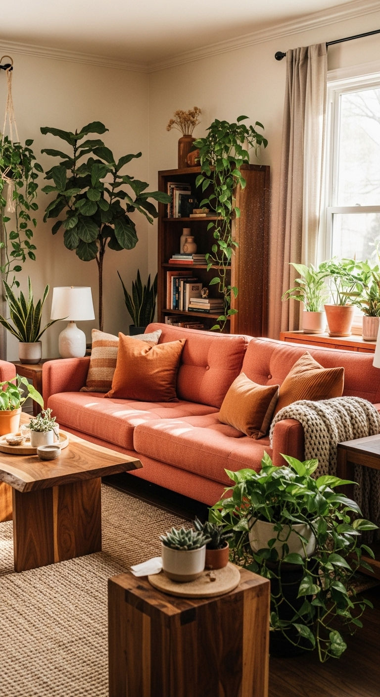 23 Coral Sofa Living Room Ideas That Feel Fresh & Vibrant 12 12. Coral with Natural Wood