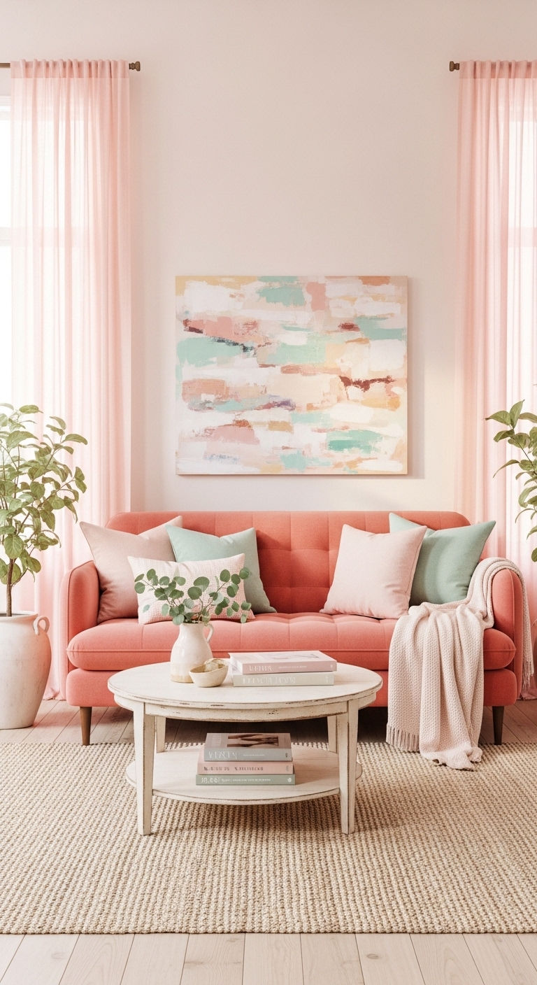 23 Coral Sofa Living Room Ideas That Feel Fresh & Vibrant 20 21. Coral with Pastel Harmony