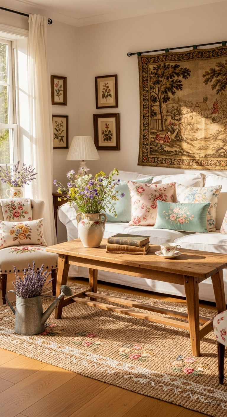 23 White Slipcovered Sofa Living Room Ideas for a Fresh Look 10 9. Cottagecore Dream Living Room