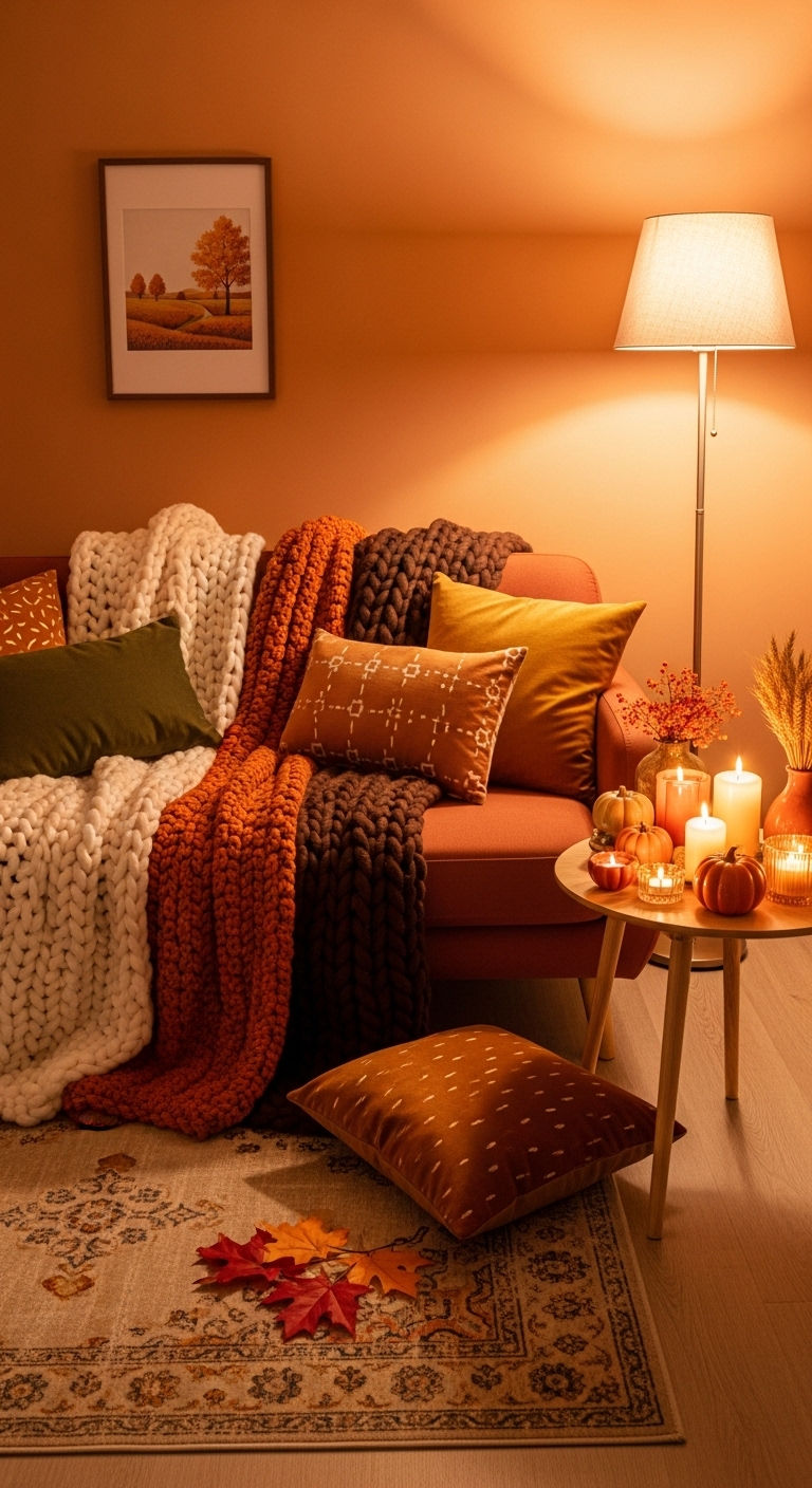 22 Terracotta Sofa Living Room Ideas for Warm Earthy Vibes 10 9. Cozy Autumn Corner