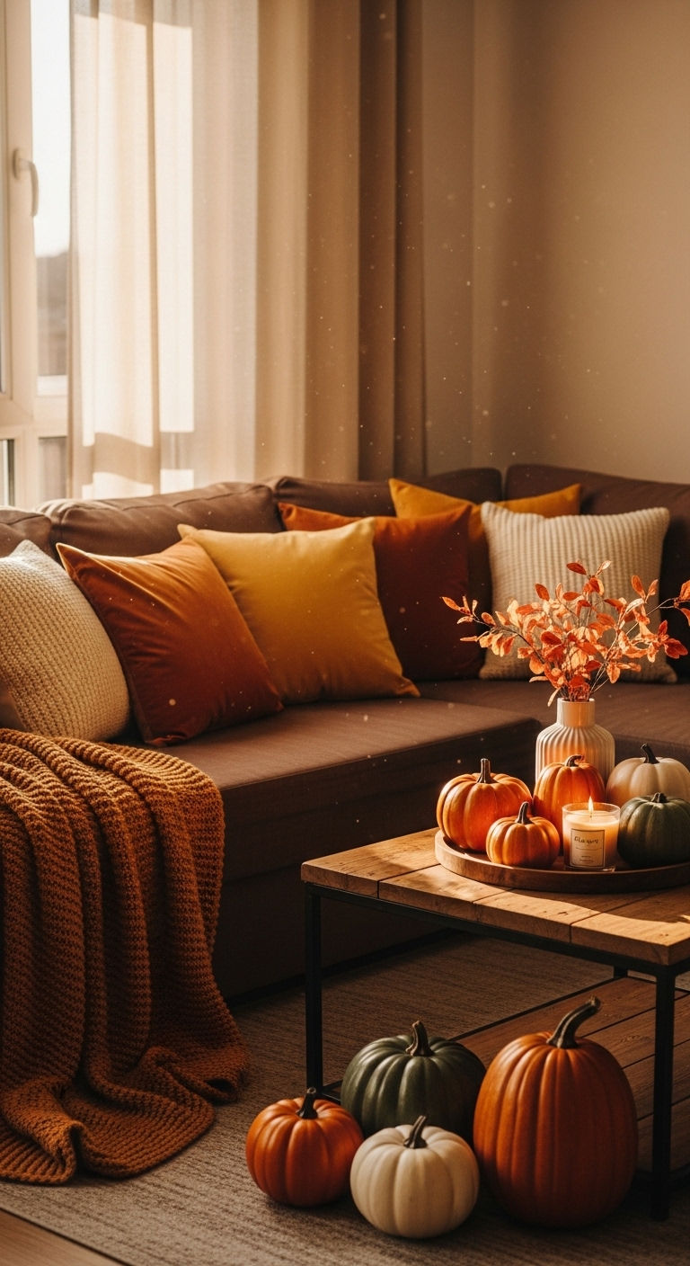 19 Brown Sofa Living Room Ideas for a Warm and Classic Feel 11 11. Cozy Autumn Retreat