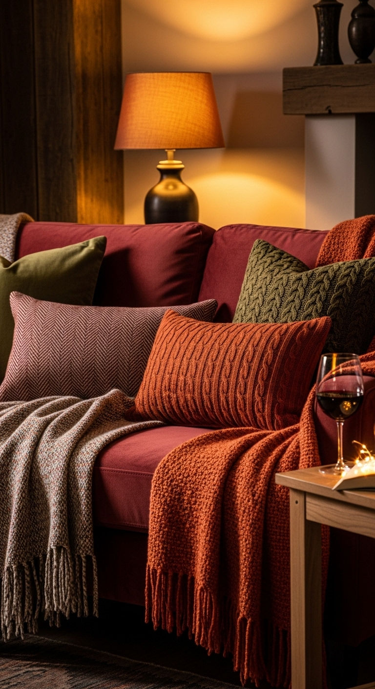 26 Wine Sofa Living Room Ideas for a Rich, Dramatic Style 9 9. Cozy Wine Sofa Retreat