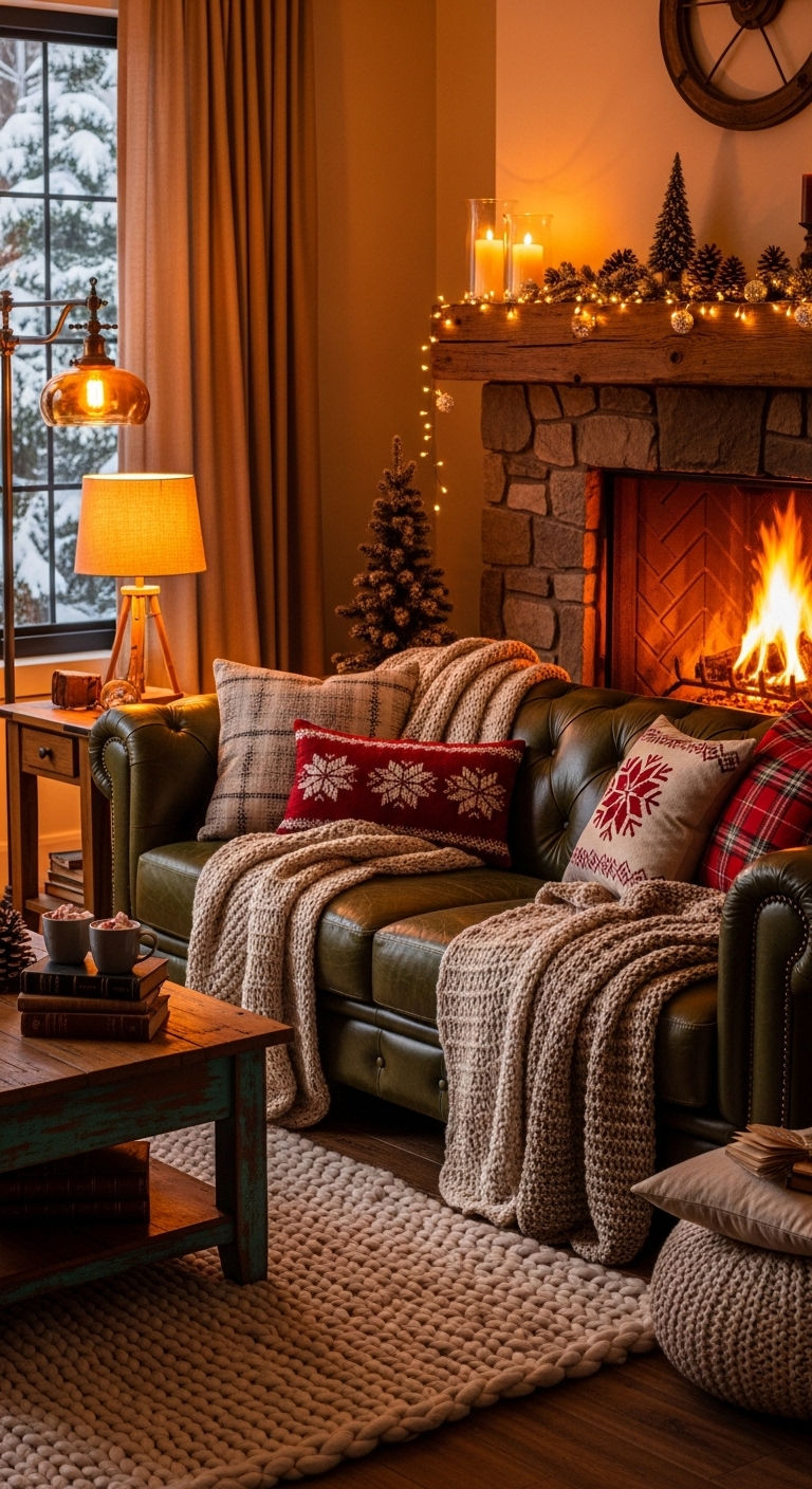 24 Green Leather Sofa Living Room Ideas for a Unique Pop of Color 14 13. Cozy Winter Green Space