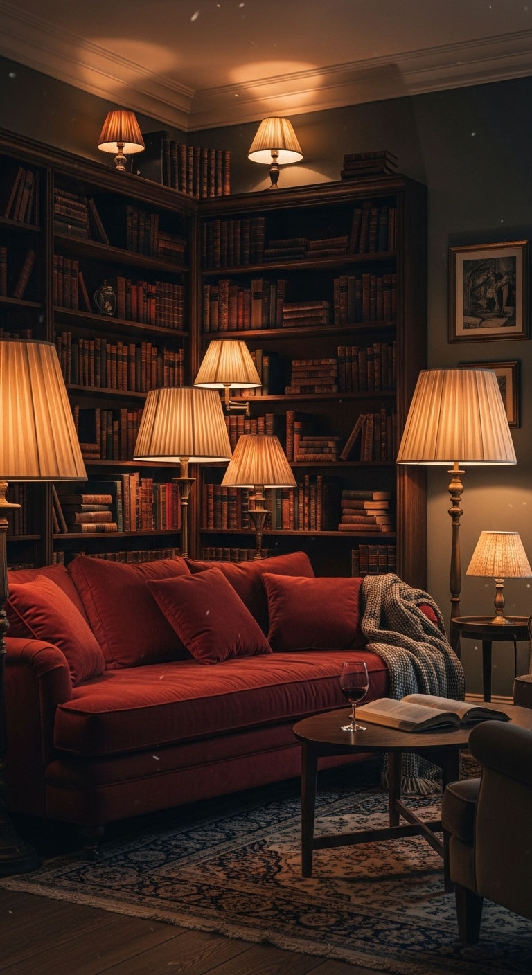 26 Wine Sofa Living Room Ideas for a Rich, Dramatic Style 5 5. Dark Academia Wine Corner