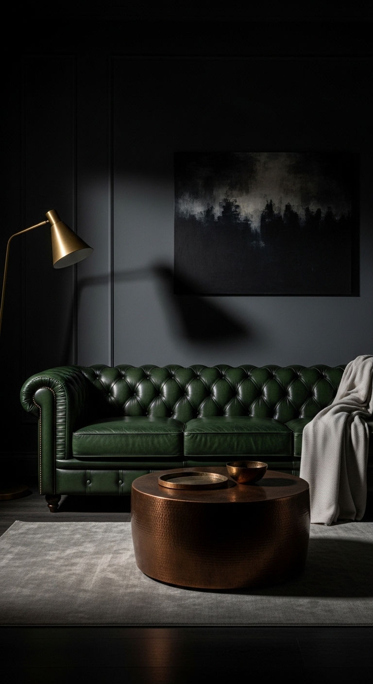 23 Green Living Room Sofa Ideas for a Fresh, Nature-Inspired Look 10 9. Dark Green Drama