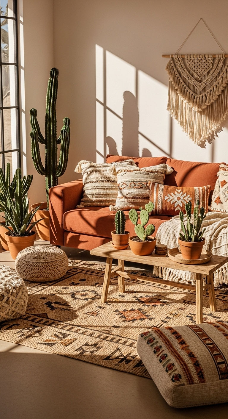 22 Terracotta Sofa Living Room Ideas for Warm Earthy Vibes 11 10. Desert Boho Chic