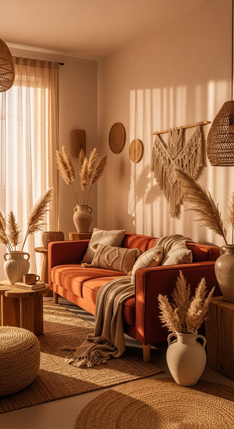 22 Terracotta Sofa Living Room Ideas for Warm Earthy Vibes 2 1. Desert Sunset Glow