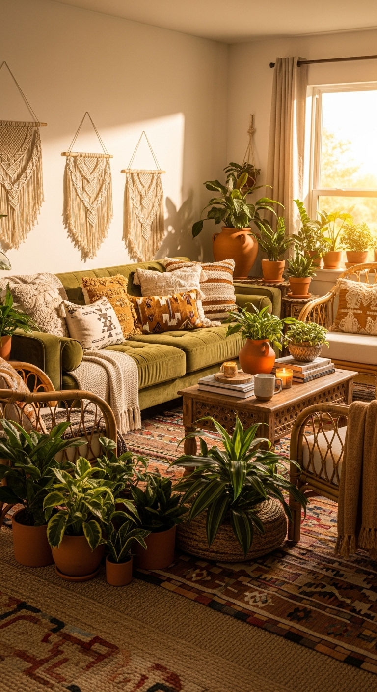 24 Moss Green Sofa Living Room Ideas for a Natural Feel 3 2. Earthy Boho Escape
