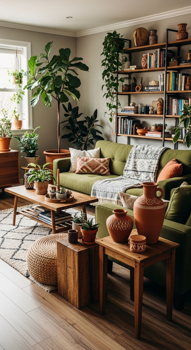 23 Green Living Room Sofa Ideas for a Fresh, Nature-Inspired Look 22 22. Earthy Green Harmony