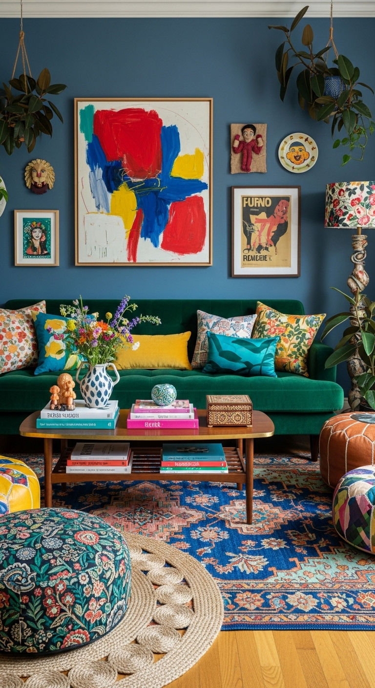 23 Green Living Room Sofa Ideas for a Fresh, Nature-Inspired Look 19 19. Eclectic Green Fusion