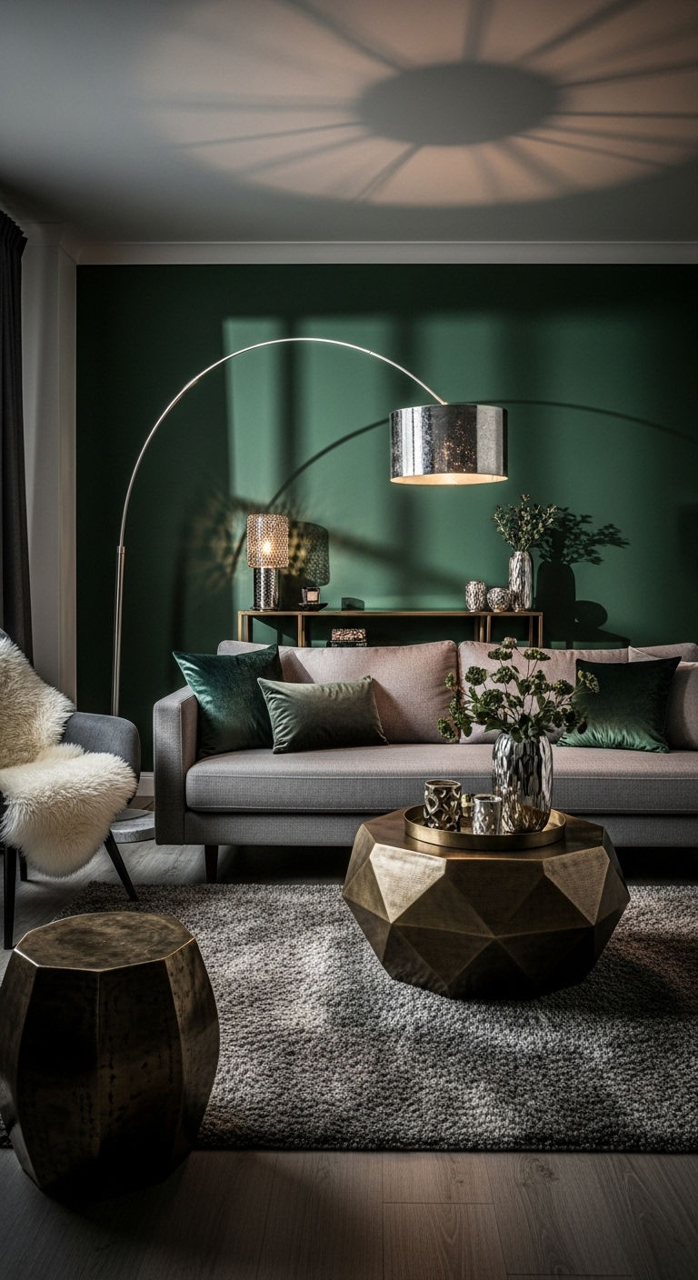 21 Green Living Room Grey Sofa Ideas for a Modern Natural Look 14 14. Emerald Accent Drama