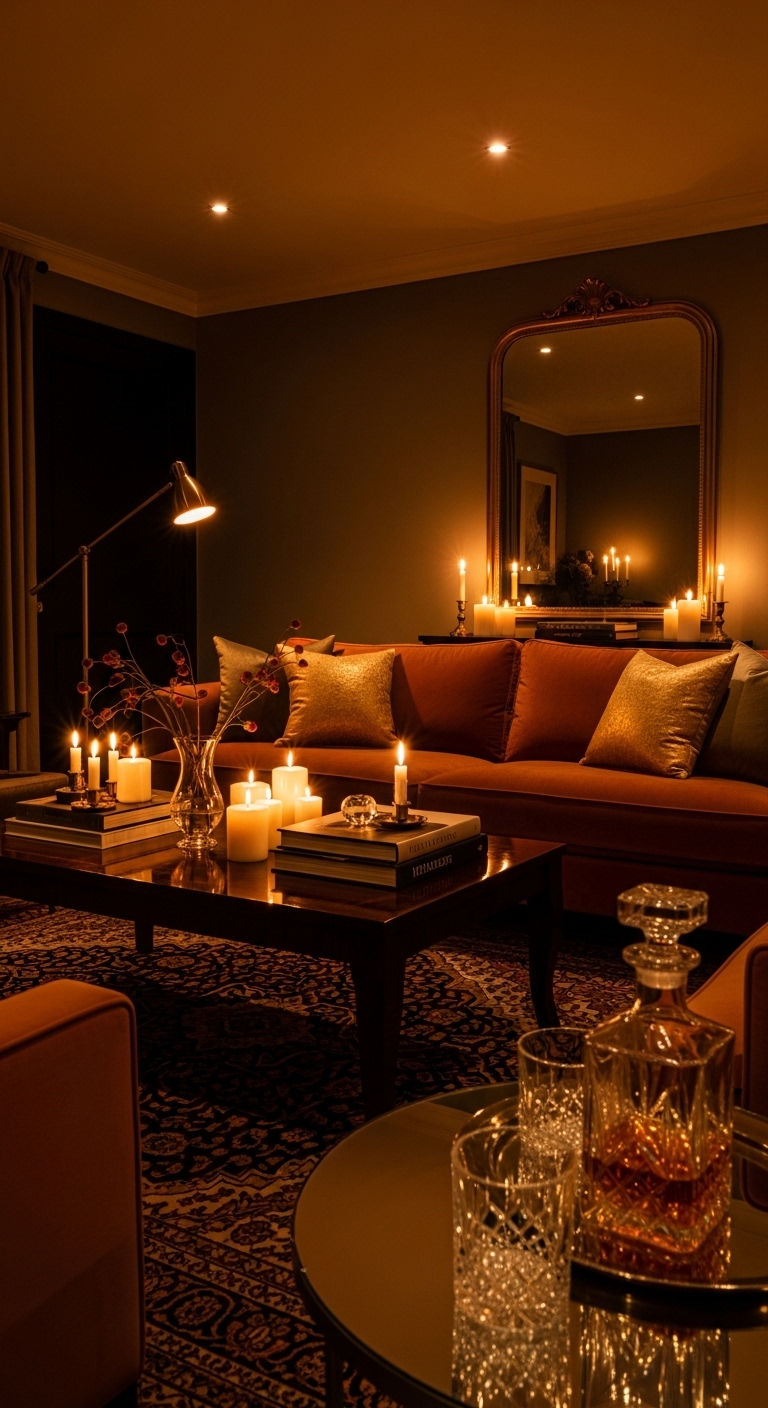 22 Terracotta Sofa Living Room Ideas for Warm Earthy Vibes 23 22. Evening Glow Elegance