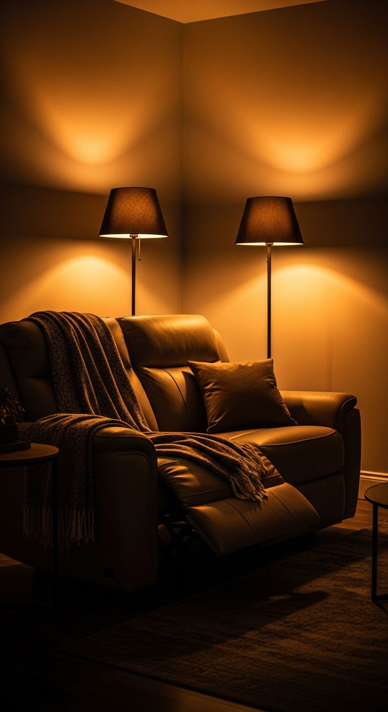 19 Cozy Recliner Sofa Living Room Ideas for Everyday Relaxation 16 15. Evening Glow Relax Zone