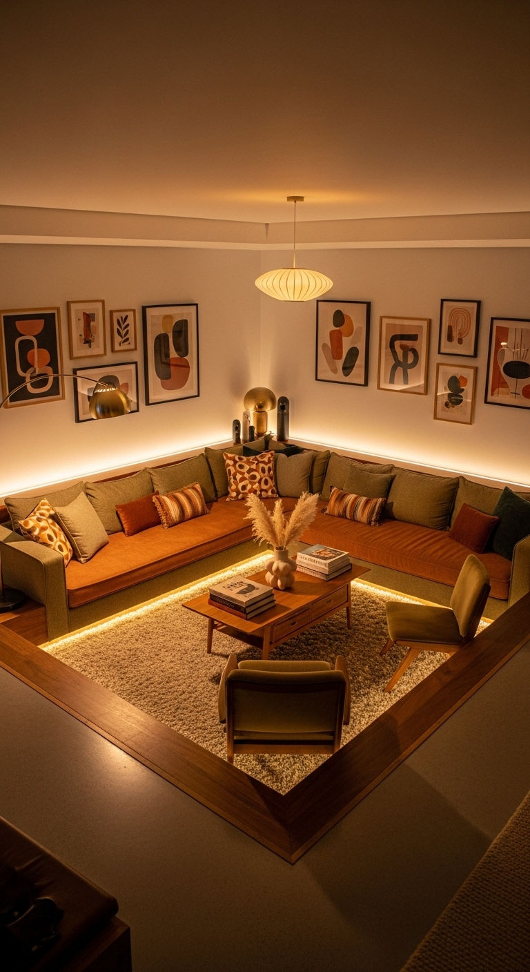 26 Living Room U Shape Sofa Ideas for Big Families & Open Layouts 21 21. Family Conversation Pit