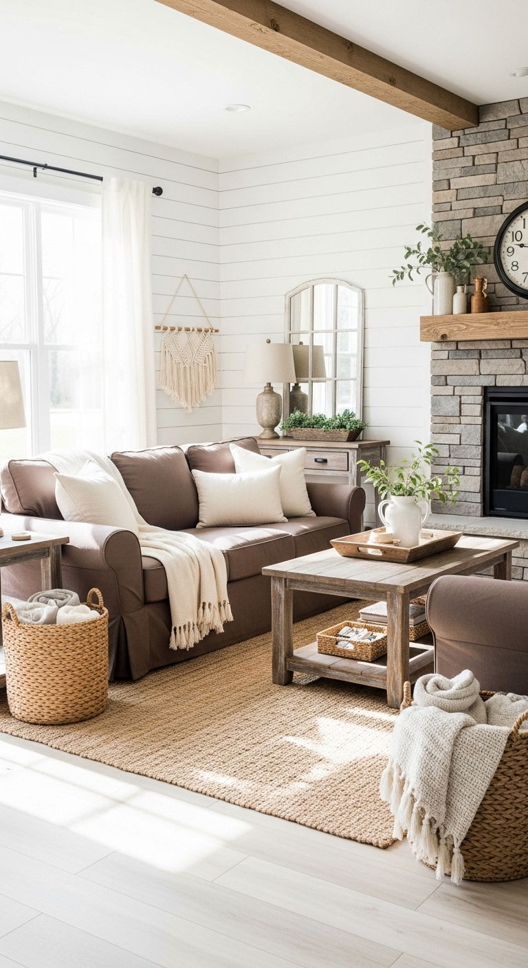 19 Brown Sofa Living Room Ideas for a Warm and Classic Feel 13 13. Farmhouse Comfort Zone