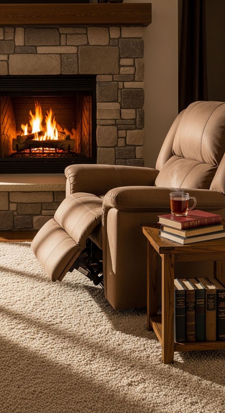 19 Cozy Recliner Sofa Living Room Ideas for Everyday Relaxation 12 11. Fireplace Reading Lounge