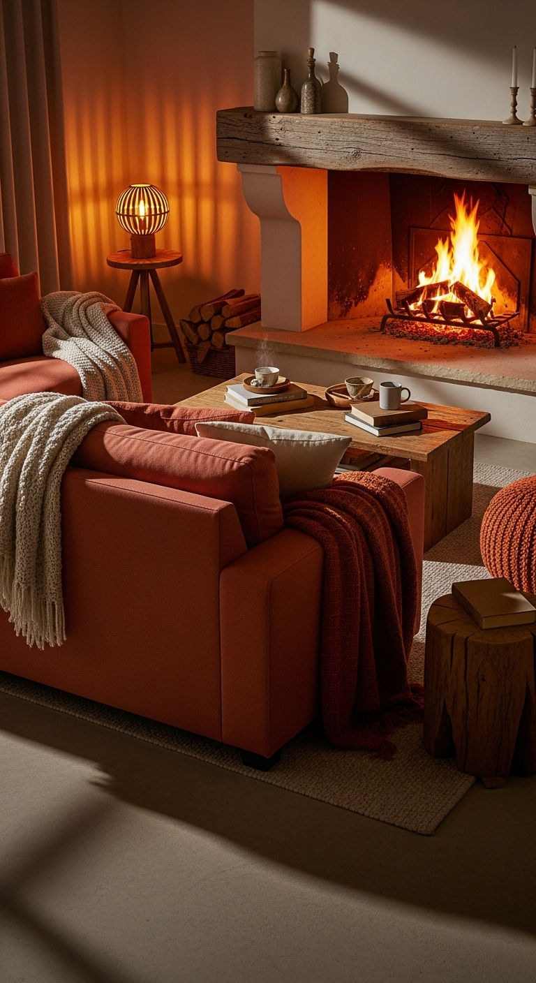 22 Terracotta Sofa Living Room Ideas for Warm Earthy Vibes 19 18. Fireplace Warmth Focus